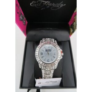 Ed Hardy Womens Crystal Bling Watch Silver Tone Rhinestone Embellished